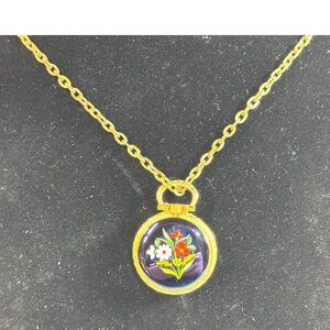 Vintage MAJESTIME Gold Enamel Floral Pendant Pocket Watch Necklace Roman Numeral